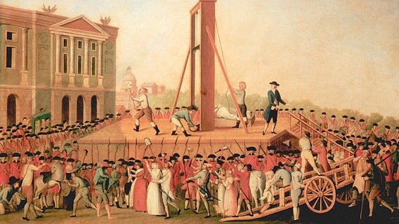 Französische Revolution: Hinrichtung durch die Guillotine. Zeitgenössischer Stich.  