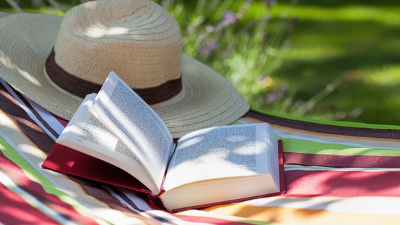 Aufgeschlagenes Buch und ein Strohhut liegen in eine Hängematte © Panthermedia Foto: -