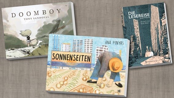 Collage der Buchcover: Sonnenseiten, Die Lesereise, Doomboy © Schaltzeit Verlag / Bahoe Books / Cross Cult Verlag 