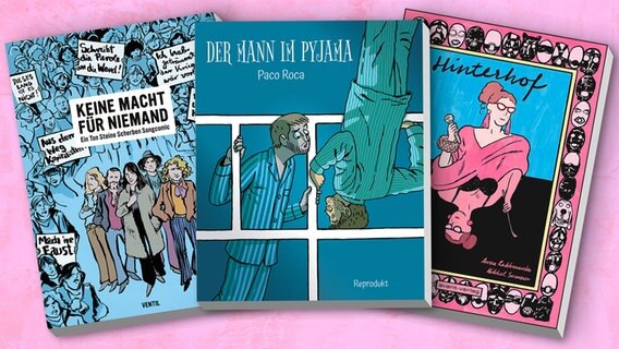Collage der Buchcover: Der Mann im Pyjama, Hinterhof und Keine Macht für Niemand © Reprodukt Verlag/Avant-Verlag/Ventil Verlag 