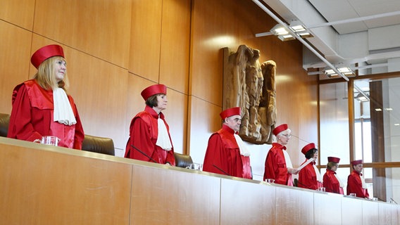 Der Zweite Senat des Bundesverfassungsgericht, (l-r) Rhona Fetzer, Christine Langenfeld, Peter Müller, Doris König (Vorsitz), Sibylle Kessal-Wulf, Astrid Wallrabenstein und Thomas Offenloch, verkündet das Urteil in Sachen "Desiderius-Erasmus-Stiftung". © picture alliance/dpa | Uli Deck 