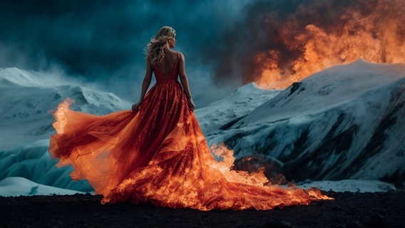 Eine Frau läuft mir einem scheinbar brennenden Kleid über schneebedeckte Berge. © Museum für Textile Kunst Hannover Presse Foto: Jantje Salander/Irene Karchevskyy