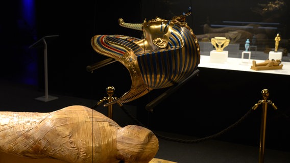 Eine Replik von Tutanchamuns Sarkophag und von seiner Maske hängt in einer Ausstellung in Hamburg © NDR Foto: Patricia Batlle