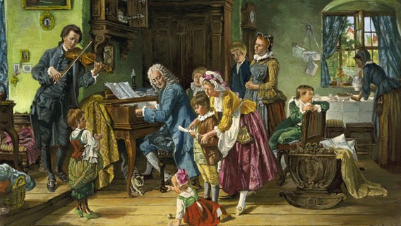 Porträt einer Familie aus dem 17. Jahrhundert, die in einem Wohnzimmer gemeinsam musiziert © picture-alliance / akg-image 