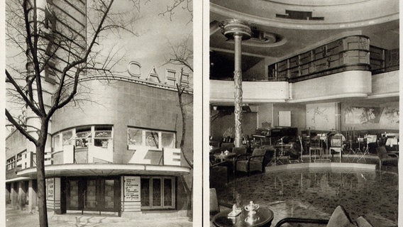 Außenansicht und Innenraum des im Art-Deco-Stil eingerichteten Café Heinze von 1939, einem Spielort des Swing in Hamburg. © Barmbeker Schallarchiv 