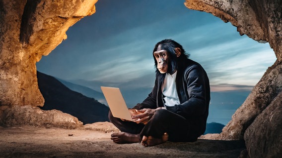 Pepper snackt Platt: In einer Höhle sitzt ein Schimpanse am Laptop. © NDR Foto: Prompter Lornz Lorenzen