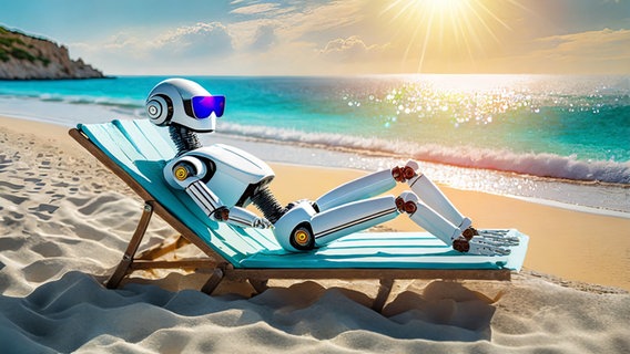 Roboter liegt auf einer Sonnenliege, trägt eine Sonnenbrille und schaut zum Meer, über dem die Sonne scheint. © NDR Foto: Lornz Lorenzen Prompter