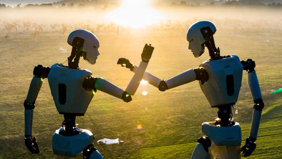 Zwei Roboter stehen sich im Wettkampf gegenüber. Fotorealistische Darstellung. © NDR/Lornz Lorenzen Foto: Prompt / Lornz Lorenzen Adobe Firefly 2
