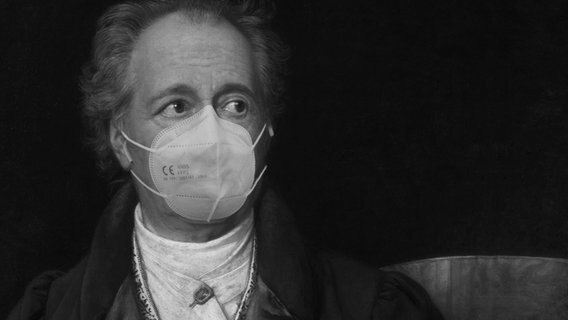 Montage eines Goetheportraits mit FFP2-Maske und Airpods. © picture-alliance / akg-images 