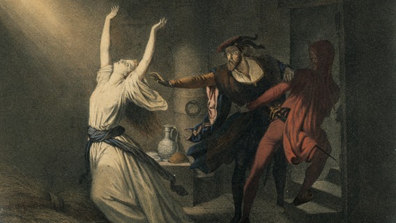 Gretchen im Kerker wird von Faust und Mephistopheles aufgesucht. Illustration, 1845/46, von Josef Fay. © picture-alliance / akg-images | akg-images 