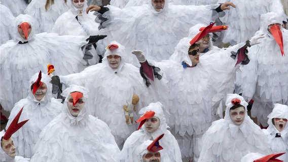 Als Vögel verkleidete Menschen feiern in Rijeka Karneval. © picture alliance / Photoshot 