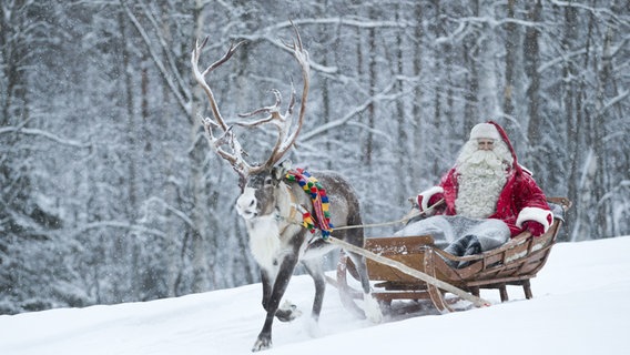 Der Weihnachtsmann in einem Schlitten mit Rentier. © picture alliance/Kaisa Siren/Kaisa Siren/dpa Foto: Kaisa Siren