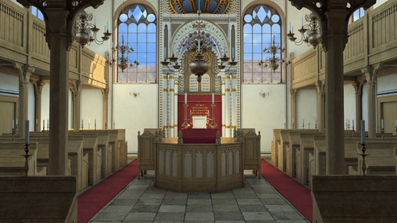 Virtuelle Ansicht des Altars und der Sitzbänke in der früheren Schweriner Synagoge. © Architectura Virtualis GmbH 