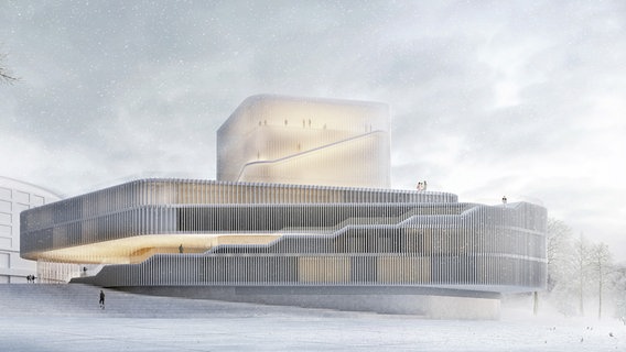 Gezeichneter Entwurf eines Theaterneubaus in grau/weiß/gelb gehalten. © Architekturbüro Hascher & Jehle/dpa 