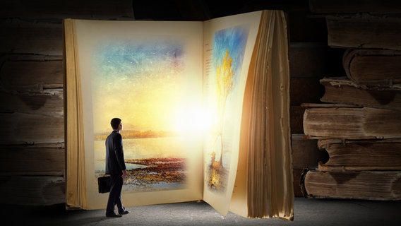 Ein Mann steht vor einem leuchtenden Buch. © picture alliance / Sergey Nivens/Shotshop | Sergey Nivens 