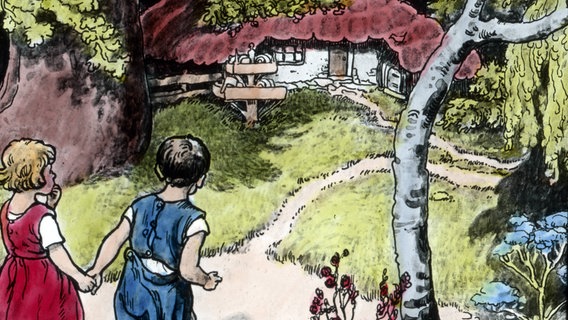 Gemalte Szenerie: Zwei Kinder, ein junge und ein Mädchen, halten sich an den Händen und gehen vorsichtig und neugierig auf ein kleines Häuschen im Wald zu. Es ist eine Szene aus dem Märchen "Hänsel und Gretel" © IMAGO / United Archives 