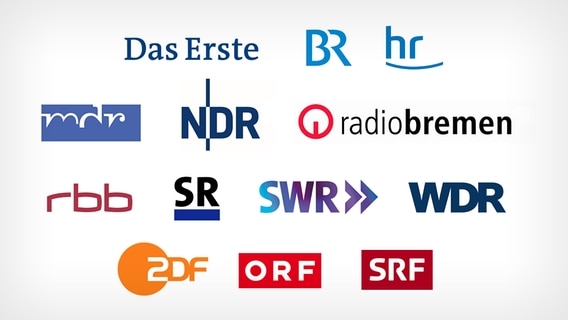 Sender-Logos der Sender Das Erste, BR,HR, MDR, NDR, RB, RBB, SR, SWR, WDR, ZDF, ORF, und SRF.  