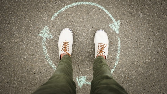 Auf einem Steinboden befinden sich mit Kreide gezeichnete Pfeile die einen Kreis bilden, darin steht ein Mann, man sieht nur die Beine und Füße. © photocase.de Foto: David-W