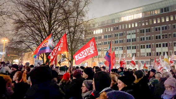 Protestierende halten Flaggen der Jusos in die Höhe. © NDR Foto: Kai Salander