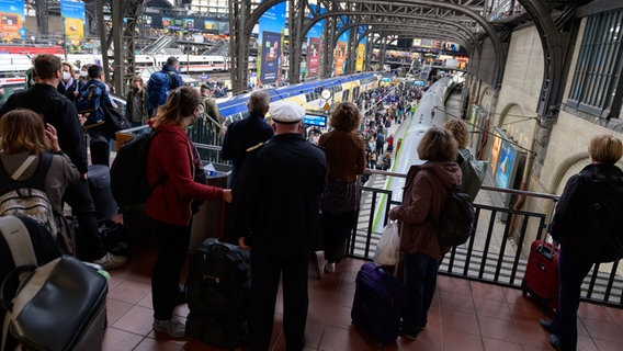 Am Hamburger Hauptbahnhof stehen viele Fahrgäste und warten auf die Abfahrt ihres Zuges. © dpa-Bildfunk 