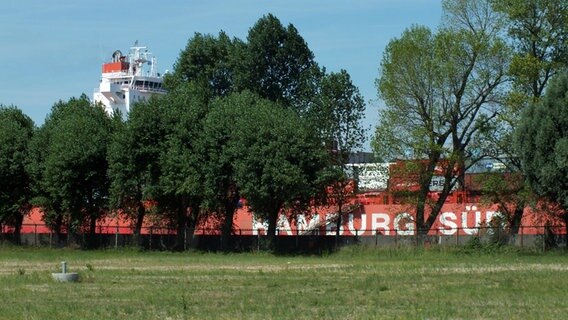 Ein Containerschiff von "Hamburg Süd" ist durch Bäume am Bubendey-Ufer zu sehen  Foto: Marc-Oliver Rehrmann