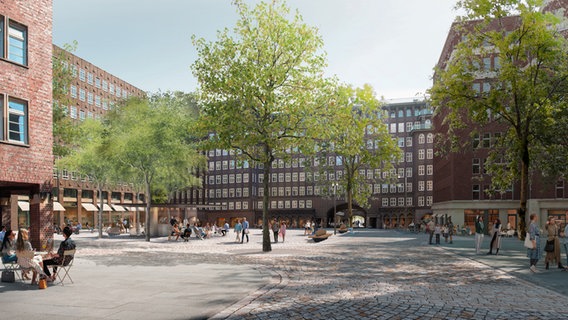 Eine Visualisierung zeigt den geplanten Umbau des Burchardplatzes in Hamburg. © WES LandschaftsArchitektur 