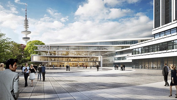 So wie in diesem Entwurf von Leusmann/Tim Hupe Architekten könnte die neue Fassade des CCH in Hamburg aussehen. © Behörde für Wirtschaft, Verkehr und Innovation 