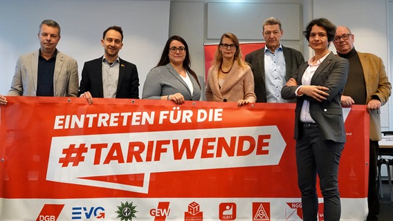 Tanja Chawla, Vorsitzende des DGB Hamburg (r.) präsentiert mit anderen Gewerkschaftsvertretern ein Transparent auf dem steht:" Eintreten für die Tarifwende" © picture alliance / dpa Foto: Rabea Gruber