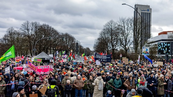 Tausende Menschen haben sich auf der Edmund-Siemers-Allee in Hamburg zu einer Demonstrationen gegen Rechtsextremismus versammelt. © picture alliance / dpa Foto: Axel Heimken
