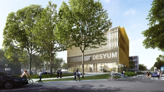 So wie in dieser Visualisierung soll das DESY-Besucherzentrum DESYUM in Hamburg einmal aussehen. © Behörde für Wissenschaft, Forschung, Gleichstellung und Bezirke / Deutsches Elektronen-Synchrotron DESY 