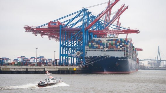 Ein Containerschiff liegt am Hamburger Containerterminal Burchardkai, während ein Lotsenboot vorbeifährt. © picture alliance / dpa Foto: Daniel Bockwoldt
