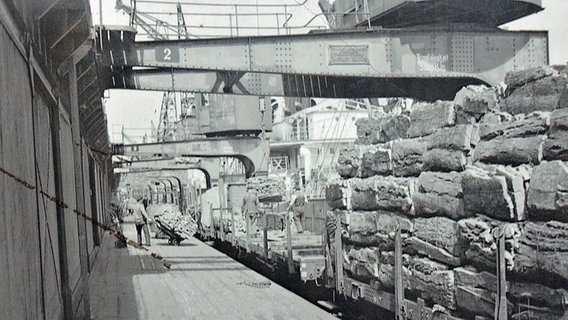 Historisches Bild von Stückgut, das mit Waggons am Hamburger Hafen ankommt. © Hamburger Hafenmuseum 