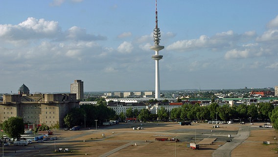 Das Heiligengeistfeld mit Hochbunker und Fernsehturm aus der Vogelperspektive im Jahr 2011 © NDR Foto: Heiko Block