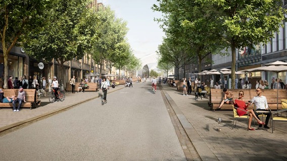 Die Visualisierung zeigt, wie die Mönckebergstraße zukünftig aussehen könnte. © moka-Studio 