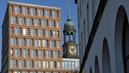 Der Michel hinter dem KPMG-Bürogebäude an der Ludwig-Erhard-Straße in Hamburg. © picture alliance/imageBROKER Foto: Christian Ohde
