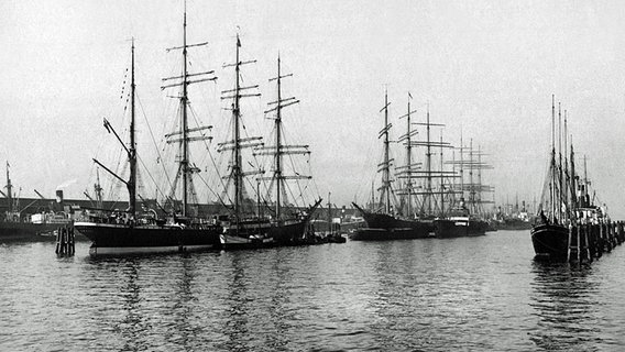 Die Großsegler "Priwall", Padua" und "Peking" 1928 im Hamburger Hafen. Die Großsegler "Priwall", Padua" und "Peking" 1928 im Hamburger Hafen. © akg