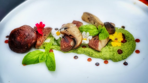 Lammhüfte mit grüner Soße und Pilzen auf einem Teller angerichtet © NDR Foto: Dave Hänsel