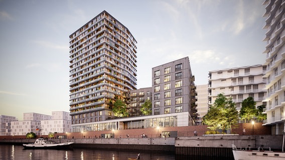 So wie in dieser Visualisierung soll das Holzhaus "Roots" in der Hamburger Hafencity aussehen. © Garbe Immobilien-Projekte, Störmer Murphy and Partners / altshift 