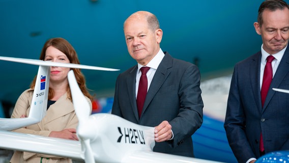 Bundeskanzler Olaf Scholz (Mitte) bei der Nationalen Luftfahrtkonferenz in Hamburg hinter einem Flugzeugmodell. © picture alliance / dpa Foto: Jonas Walzberg