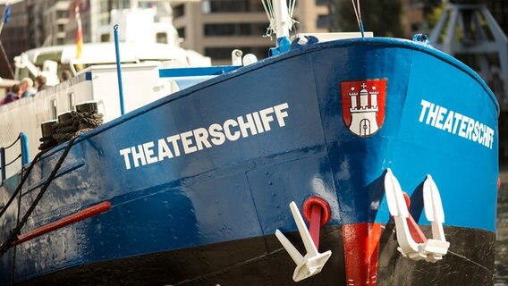 Auf dem blauen Bug des Schiffes am Nikolaifleet steht neben einem Wappen von Hamburg in weißer Schrift "Theaterschiff". © Theaterschiff Hamburg 