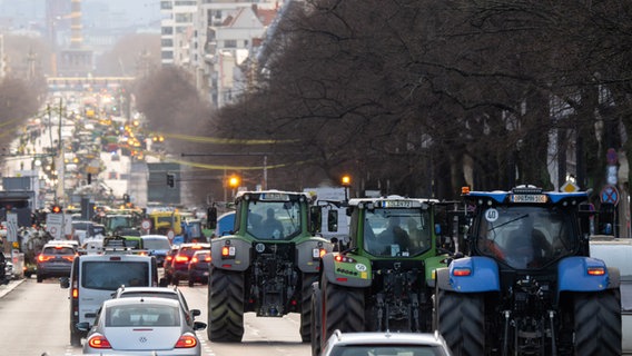 Berlin: Zahlreiche Traktoren, Lastwagen und Autos fahren am Morgen über den Kaiserdamm in Richtung Siegessäule. © dpa Bildfunk Foto: Monika Skolimowska/dpa