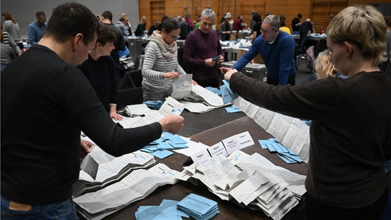 Wahlhelfer arbeiten während der Auszählung der Briefwahlstimmen in der Max-Schmeling-Halle in Berlin. © Sebastian Christoph Gollnow/dpa 