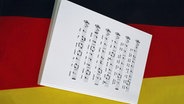 Eine Strophe in Noten vom "Lied der Deutschen" liegt auf einer deutschen Nationalfahne. © Imago/Steinbach 