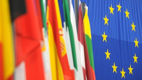 Die Flaggen der europäischen Mitgliedsstaaten im Europaparlament vor der Europaflagge © picture-alliance/dpa Foto: EPA/Patrick Seeger