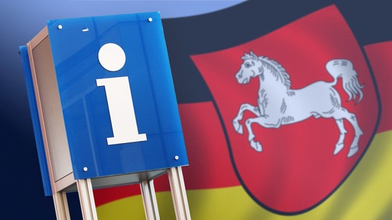 Ein "I" Informationsschild vor der Landesflagge von Niedersachsen © fotolia.com Foto: Thaut Images