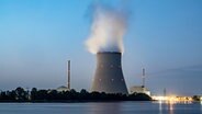 Wasserdampf steigt aus dem Kühltum vom Atomkraftwerk Isar 2. © Armin Weigel/dpa 