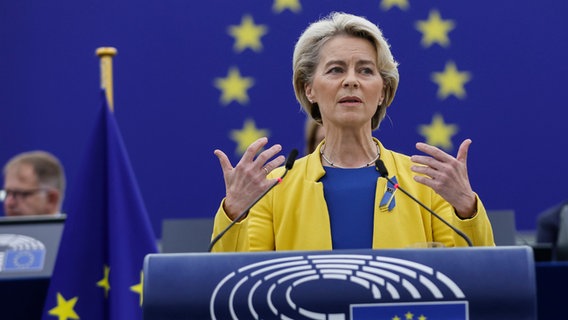 EU-Kommissionschefin Ursula von der Leyen spricht im EU-Parlament © dpa-Bildfunk Foto: Jean-Francois Badias/AP/dpa