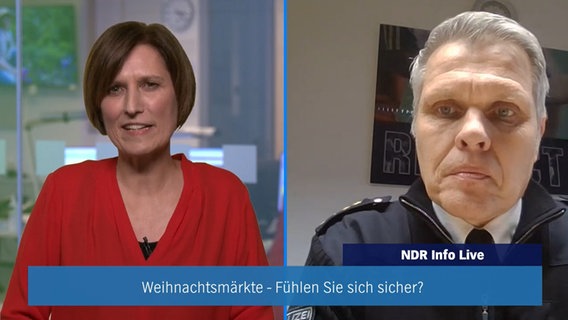 Moderatorin Claudia Drexel spricht mit den Gästen Michael Weiner, Marco Lange und Julia Steinmetz über die Sicherheitslage auf deutschen Weihnachtsmärkten © NDR 