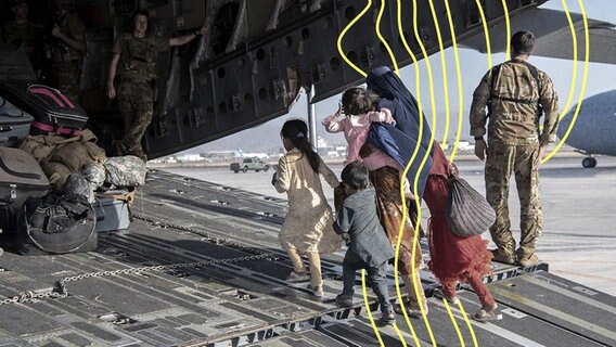 Eine Familie aus Afghanistan boardet ein Flugzeugzeug während einer Evakuierungsaktion im August 2021. © picture alliance 