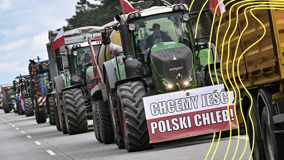 Landwirte aus Polen sind auf der Autostrada A2 (Europastraße 30) mit ihren Fahrzeugen in Richtung deutsch-polnische Grenze unterwegs - an einem Traktor hängt ein Plakat mit der Aufschrift "Wir wollen polnisches Brot essen". © picture alliance Foto: Patrick Pleul